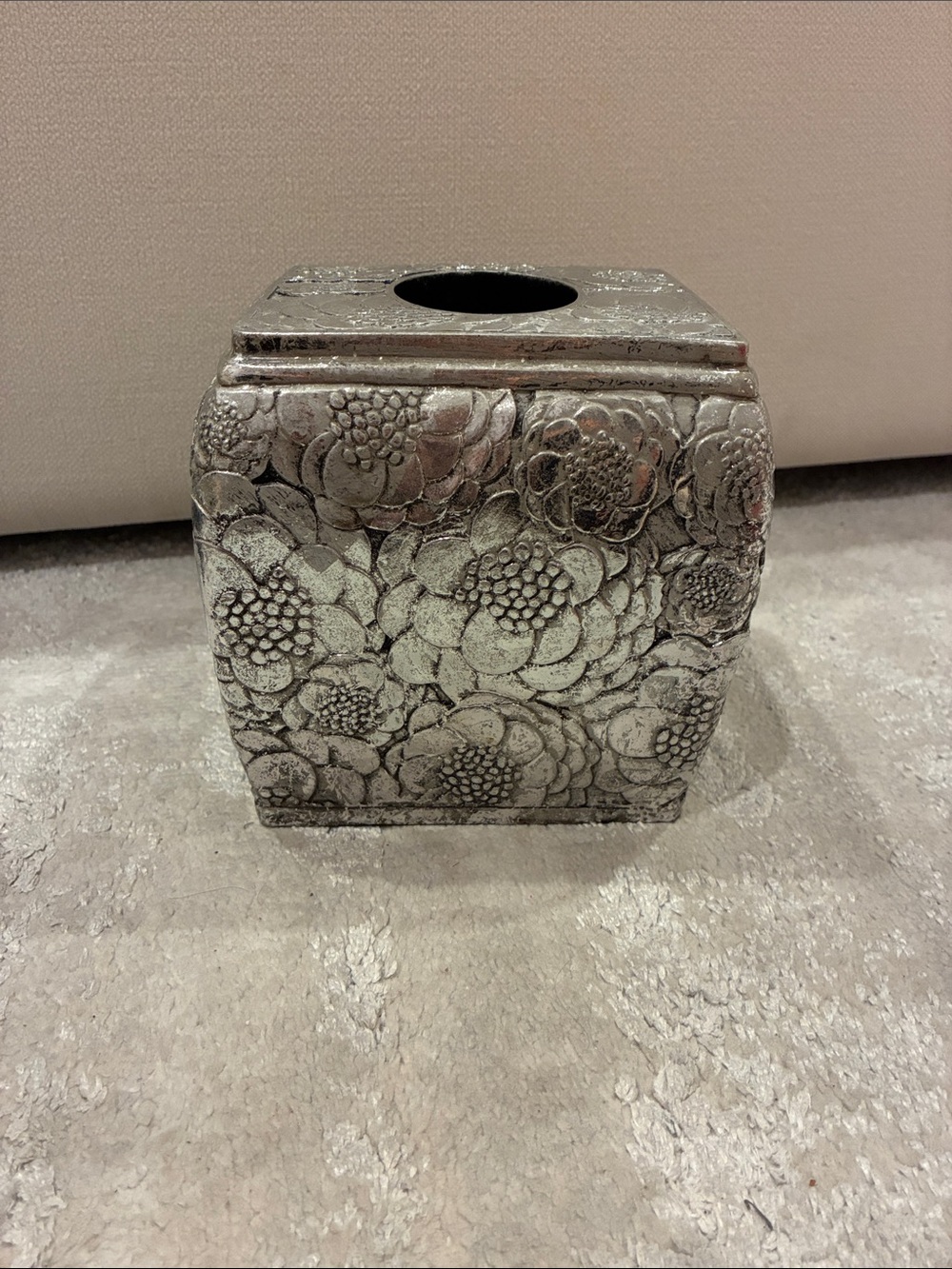 Silver Floral Embossed Tissue Box Cover - Elegant Home Accent
